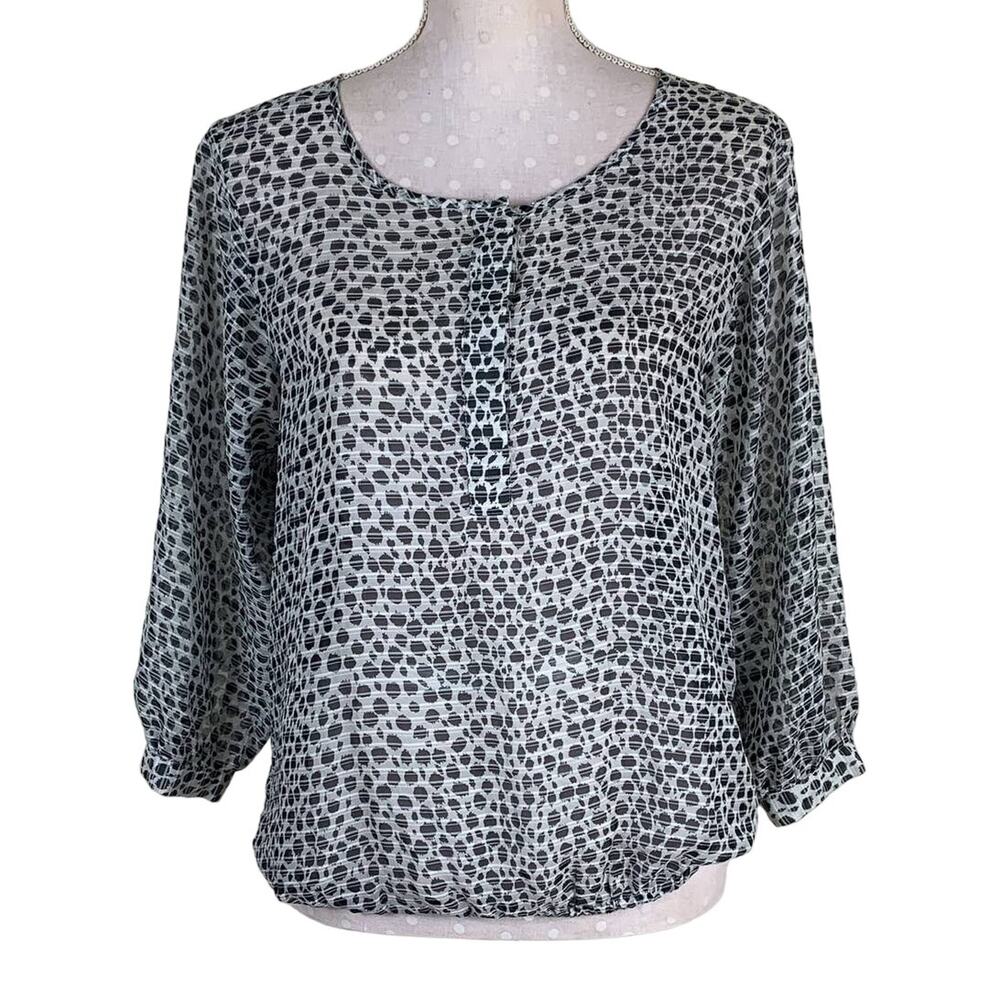 Ann Taylor Womens Blouse S Ivory Black Balloon Sleeve Spotted Animal Print